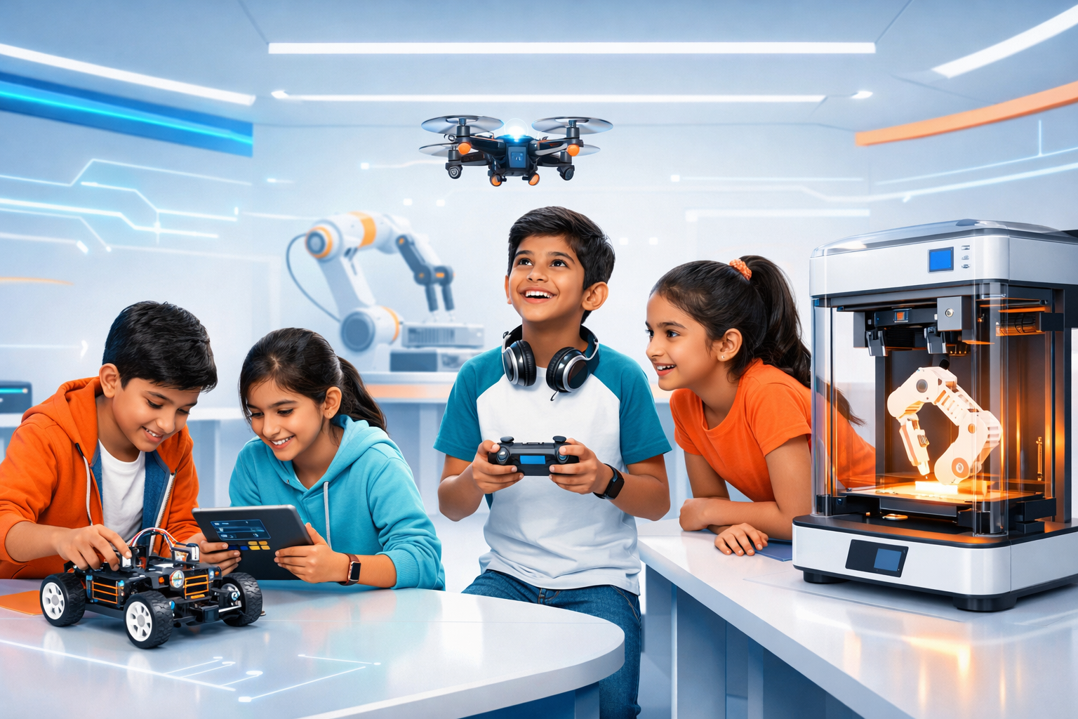 Kids building robots in a futuristic learning lab